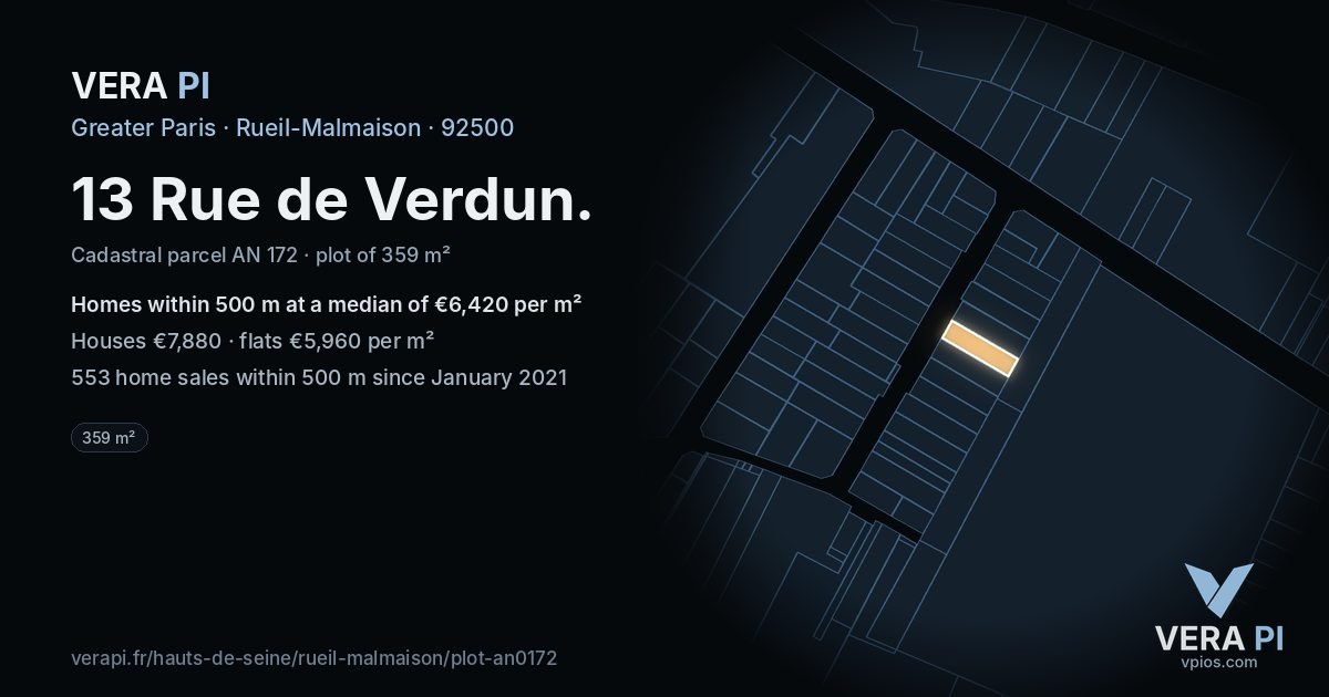 13 Rue de Verdun, Rueil-Malmaison at night – the plot lit, the parcels around coloured by the prices near them