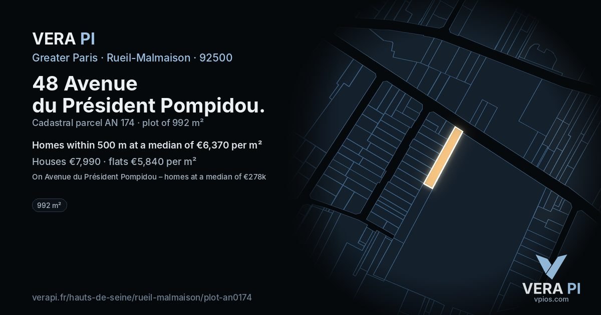 48 Avenue du Président Pompidou, Rueil-Malmaison at night – the plot lit, the parcels around coloured by the prices near them