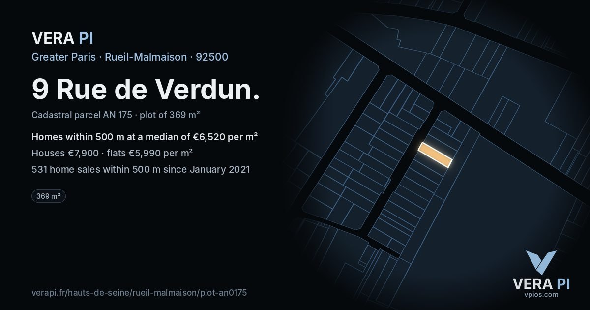 9 Rue de Verdun, Rueil-Malmaison at night – the plot lit, the parcels around coloured by the prices near them