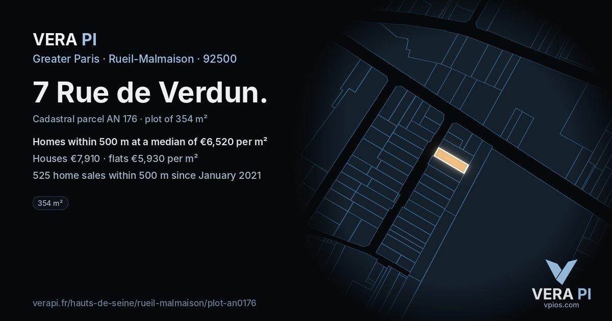 7 Rue de Verdun, Rueil-Malmaison at night – the plot lit, the parcels around coloured by the prices near them
