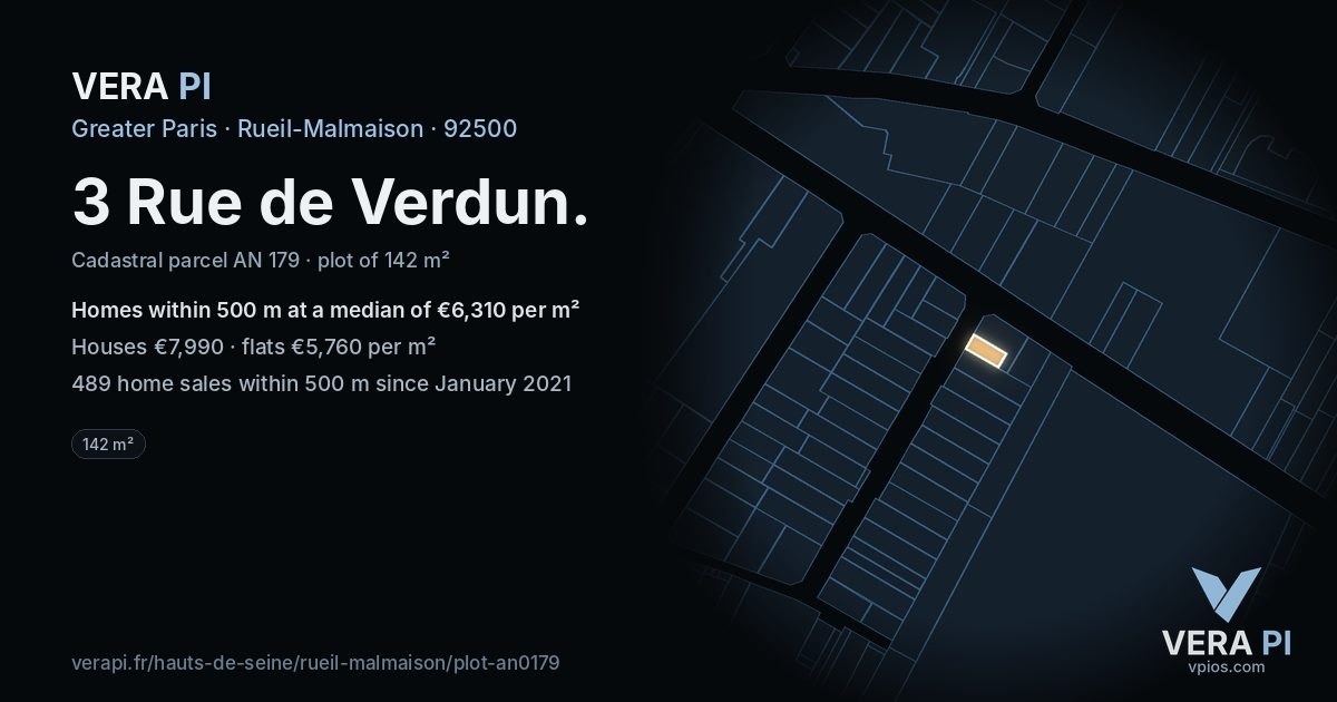 3 Rue de Verdun, Rueil-Malmaison at night – the plot lit, the parcels around coloured by the prices near them