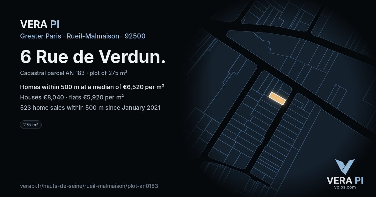 6 Rue de Verdun, Rueil-Malmaison at night – the plot lit, the parcels around coloured by the prices near them