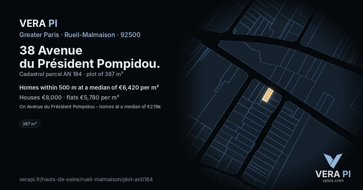 38 Avenue du Président Pompidou, Rueil-Malmaison at night – the plot lit, the parcels around coloured by the prices near them
