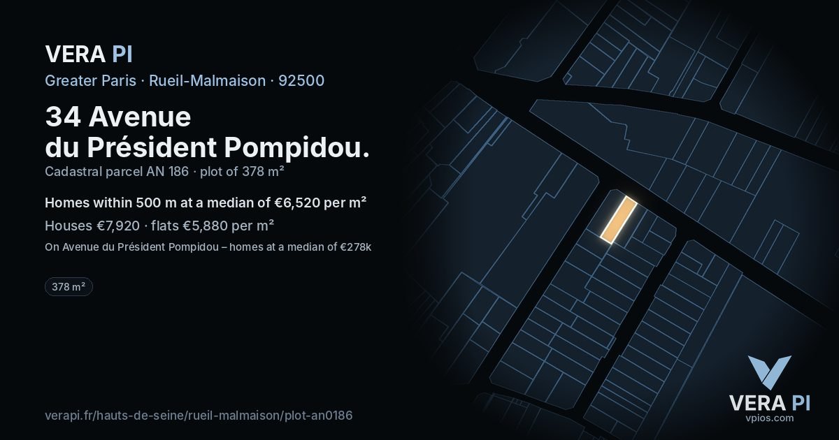 34 Avenue du Président Pompidou, Rueil-Malmaison at night – the plot lit, the parcels around coloured by the prices near them
