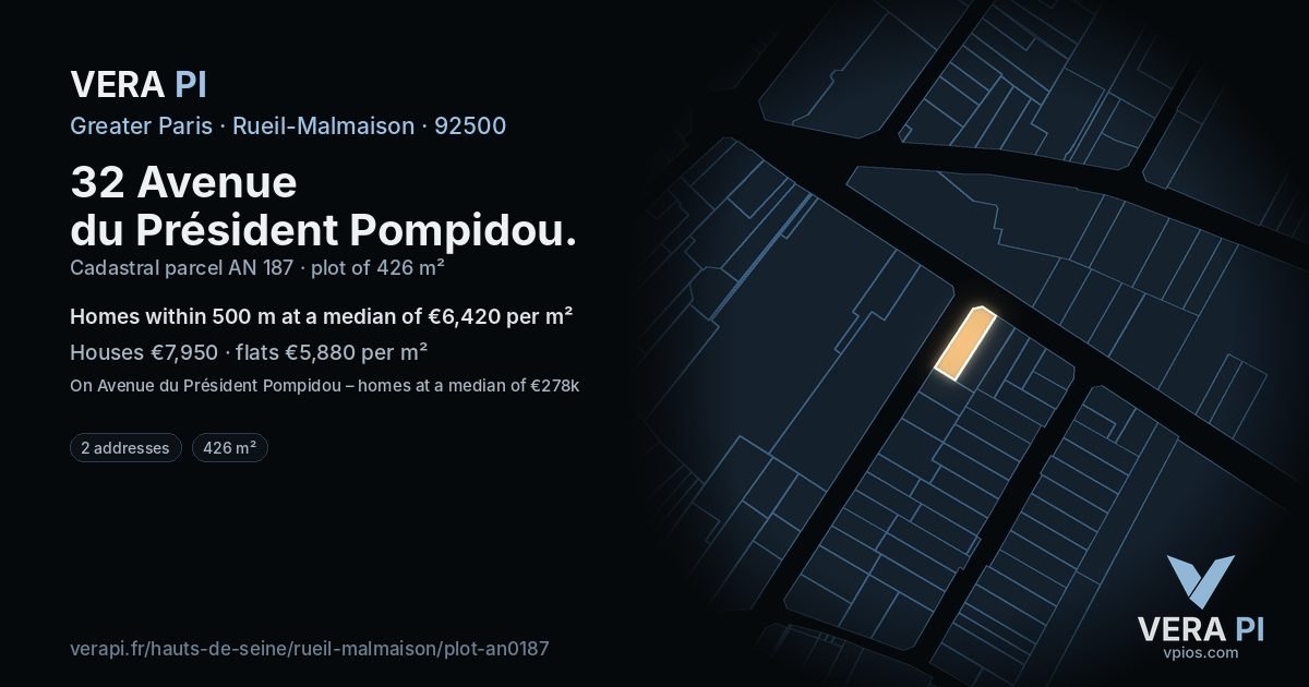 32 Avenue du Président Pompidou, Rueil-Malmaison at night – the plot lit, the parcels around coloured by the prices near them