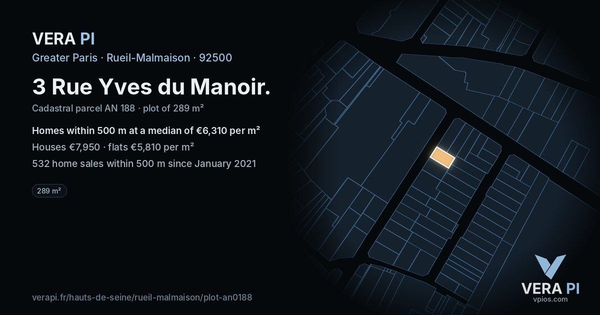 3 Rue Yves du Manoir, Rueil-Malmaison at night – the plot lit, the parcels around coloured by the prices near them
