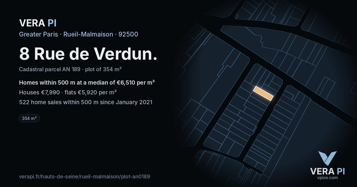 8 Rue de Verdun, Rueil-Malmaison at night – the plot lit, the parcels around coloured by the prices near them