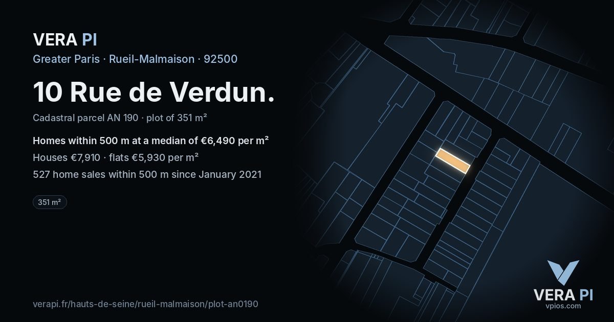 10 Rue de Verdun, Rueil-Malmaison at night – the plot lit, the parcels around coloured by the prices near them