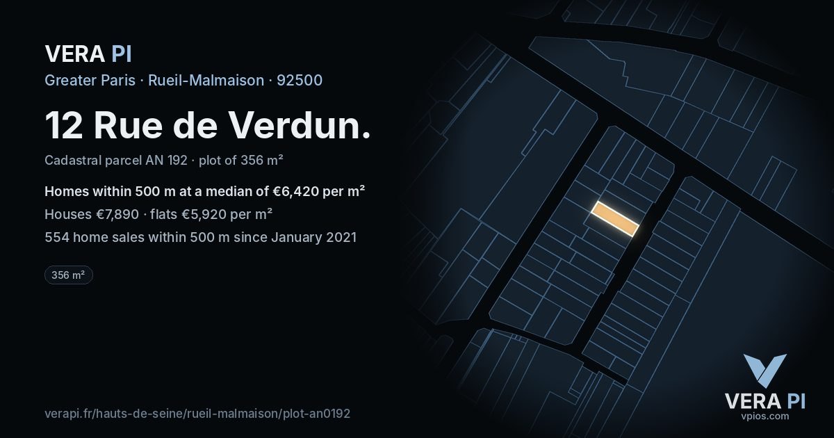 12 Rue de Verdun, Rueil-Malmaison at night – the plot lit, the parcels around coloured by the prices near them