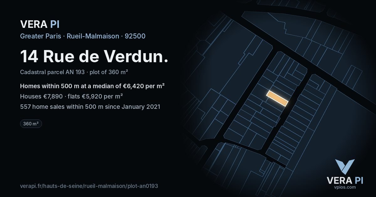 14 Rue de Verdun, Rueil-Malmaison at night – the plot lit, the parcels around coloured by the prices near them