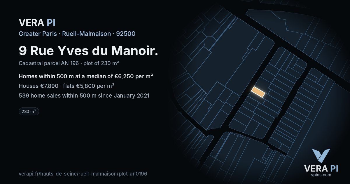 9 Rue Yves du Manoir, Rueil-Malmaison at night – the plot lit, the parcels around coloured by the prices near them