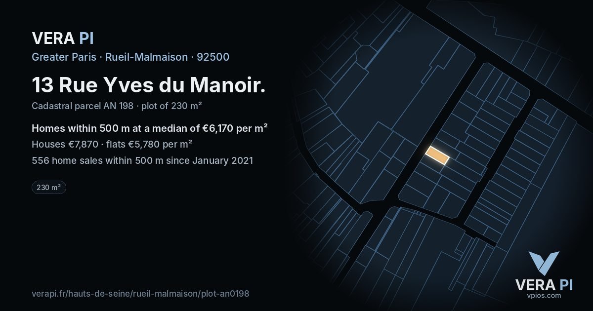 13 Rue Yves du Manoir, Rueil-Malmaison at night – the plot lit, the parcels around coloured by the prices near them