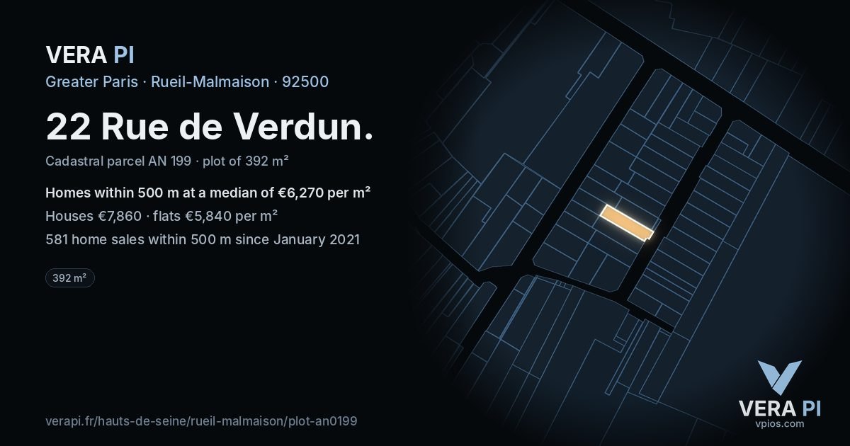 22 Rue de Verdun, Rueil-Malmaison at night – the plot lit, the parcels around coloured by the prices near them