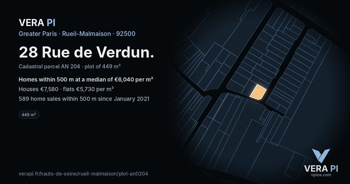 28 Rue de Verdun, Rueil-Malmaison at night – the plot lit, the parcels around coloured by the prices near them