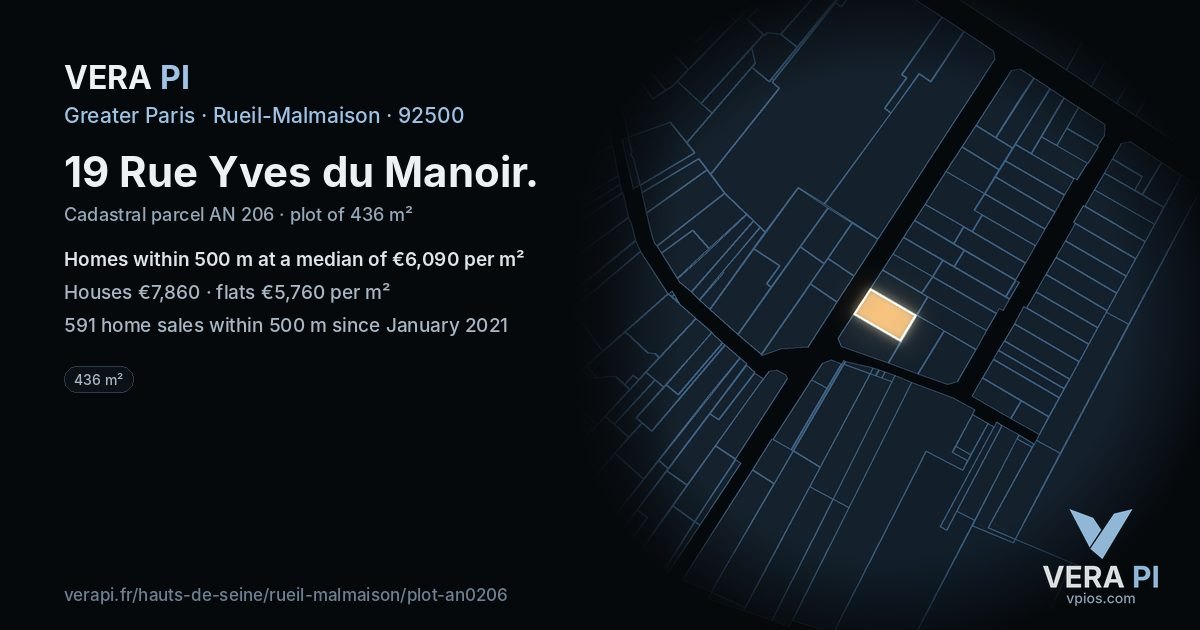 19 Rue Yves du Manoir, Rueil-Malmaison at night – the plot lit, the parcels around coloured by the prices near them