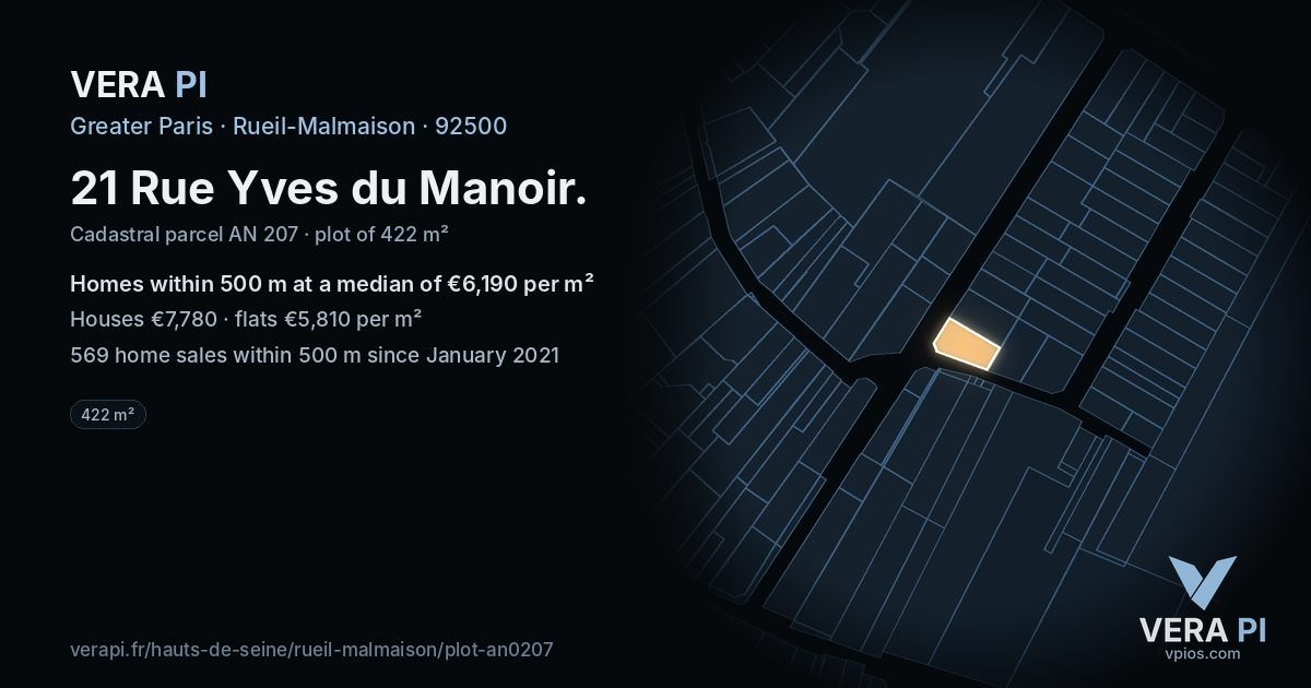 21 Rue Yves du Manoir, Rueil-Malmaison at night – the plot lit, the parcels around coloured by the prices near them