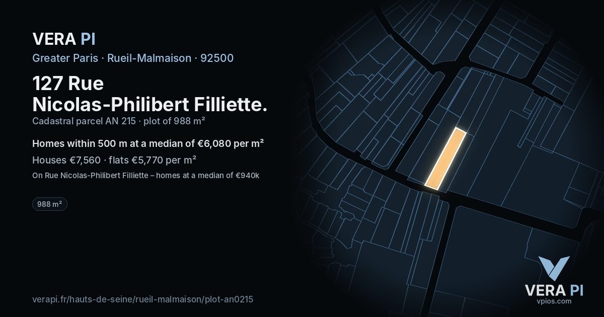 127 Rue Nicolas-Philibert Filliette, Rueil-Malmaison at night – the plot lit, the parcels around coloured by the prices near them