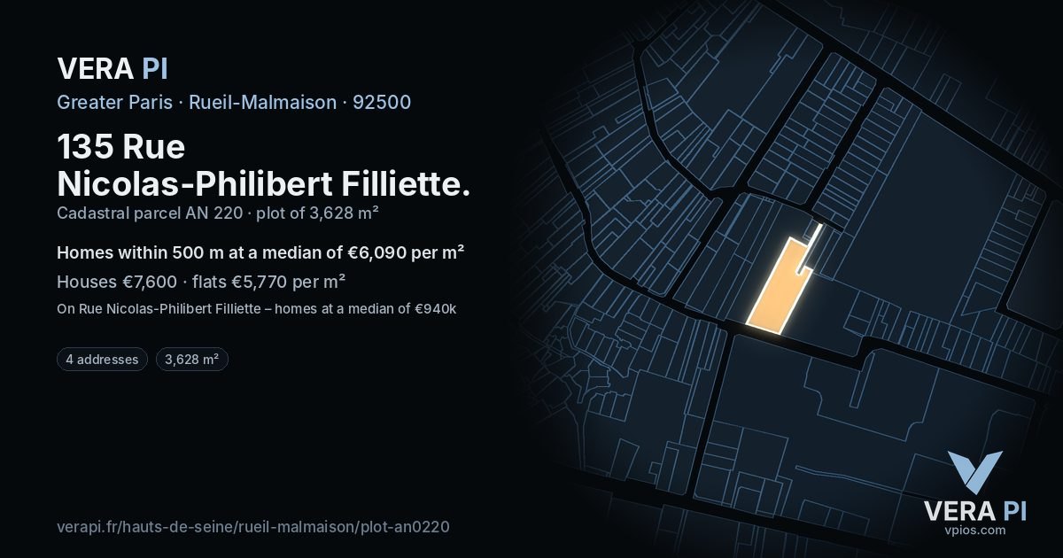 135 Rue Nicolas-Philibert Filliette, Rueil-Malmaison at night – the plot lit, the parcels around coloured by the prices near them
