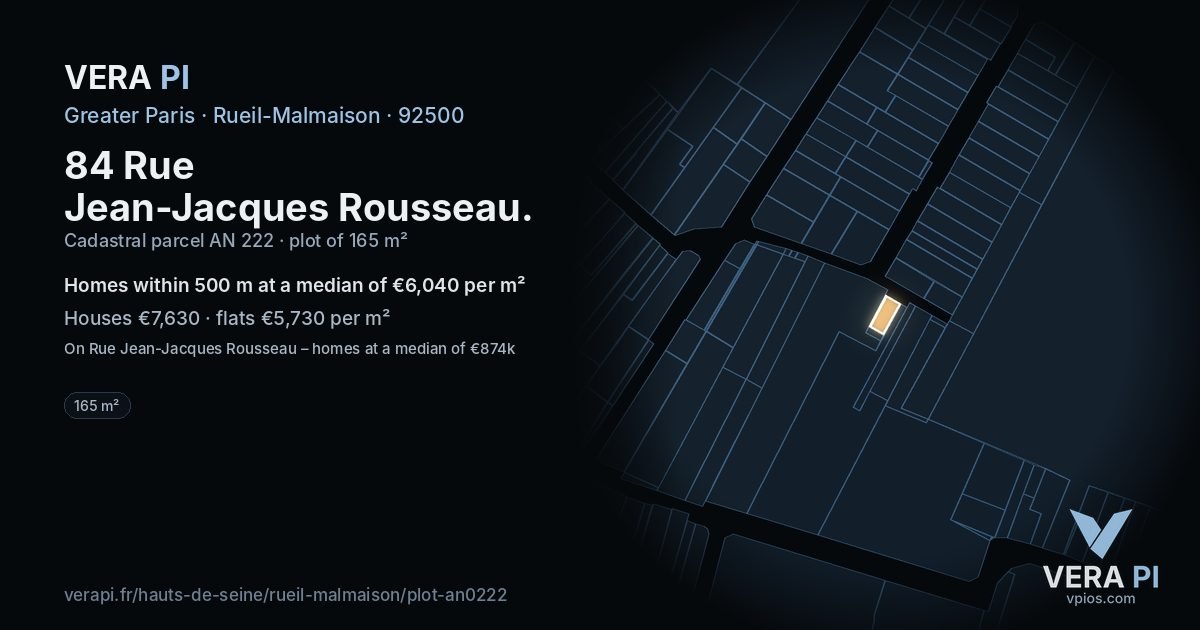 84 Rue Jean-Jacques Rousseau, Rueil-Malmaison at night – the plot lit, the parcels around coloured by the prices near them