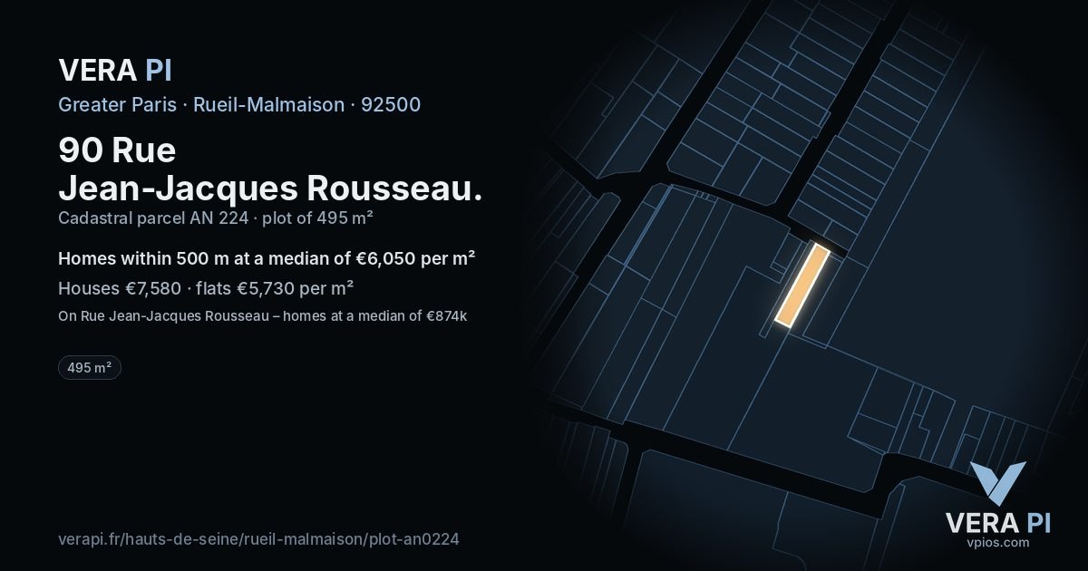 90 Rue Jean-Jacques Rousseau, Rueil-Malmaison at night – the plot lit, the parcels around coloured by the prices near them