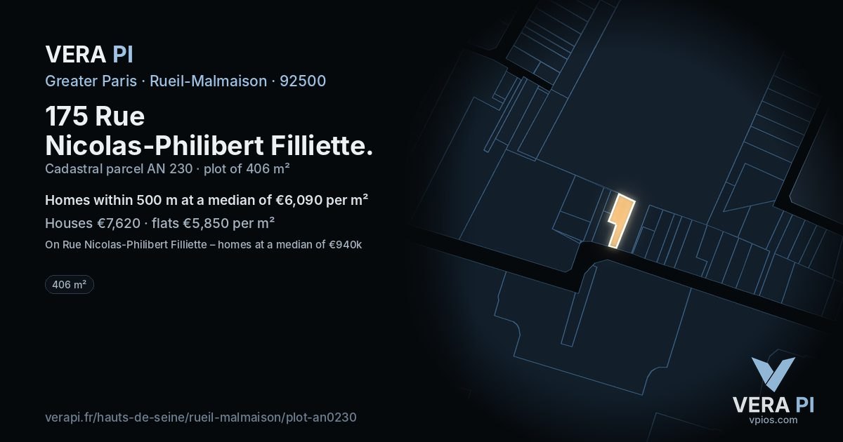 175 Rue Nicolas-Philibert Filliette, Rueil-Malmaison at night – the plot lit, the parcels around coloured by the prices near them