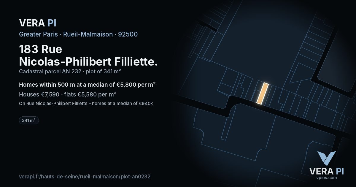 183 Rue Nicolas-Philibert Filliette, Rueil-Malmaison at night – the plot lit, the parcels around coloured by the prices near them
