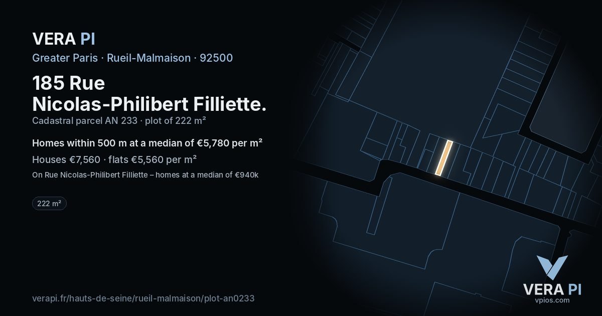 185 Rue Nicolas-Philibert Filliette, Rueil-Malmaison at night – the plot lit, the parcels around coloured by the prices near them
