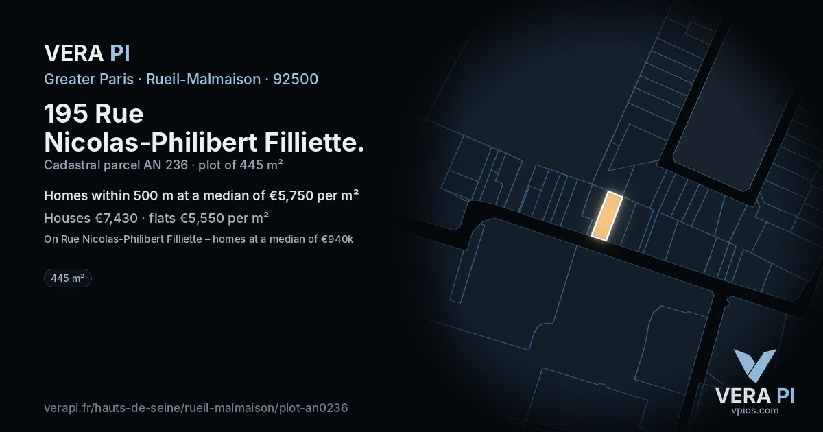 195 Rue Nicolas-Philibert Filliette, Rueil-Malmaison at night – the plot lit, the parcels around coloured by the prices near them