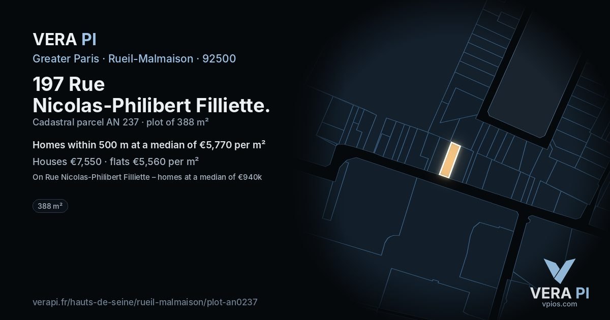 197 Rue Nicolas-Philibert Filliette, Rueil-Malmaison at night – the plot lit, the parcels around coloured by the prices near them