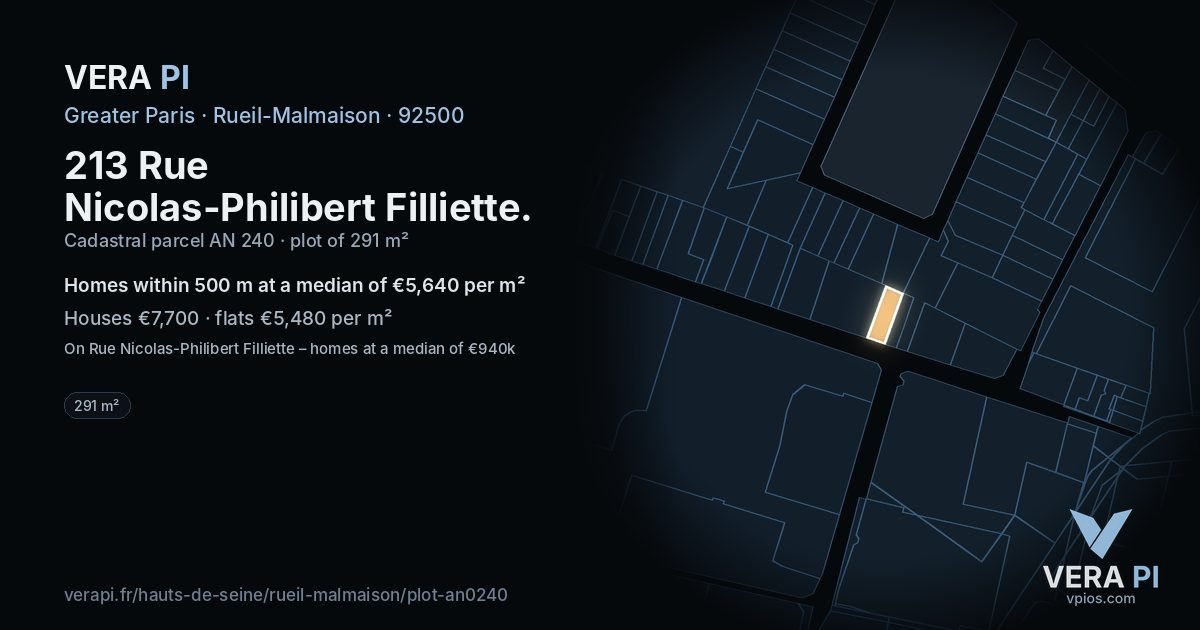213 Rue Nicolas-Philibert Filliette, Rueil-Malmaison at night – the plot lit, the parcels around coloured by the prices near them