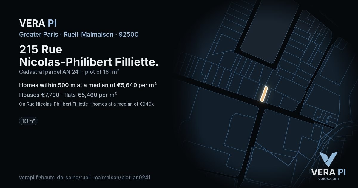 215 Rue Nicolas-Philibert Filliette, Rueil-Malmaison at night – the plot lit, the parcels around coloured by the prices near them