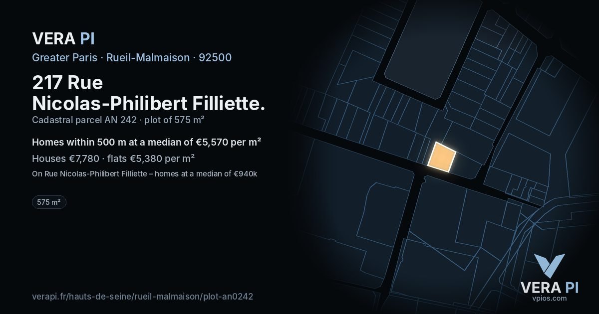 217 Rue Nicolas-Philibert Filliette, Rueil-Malmaison at night – the plot lit, the parcels around coloured by the prices near them