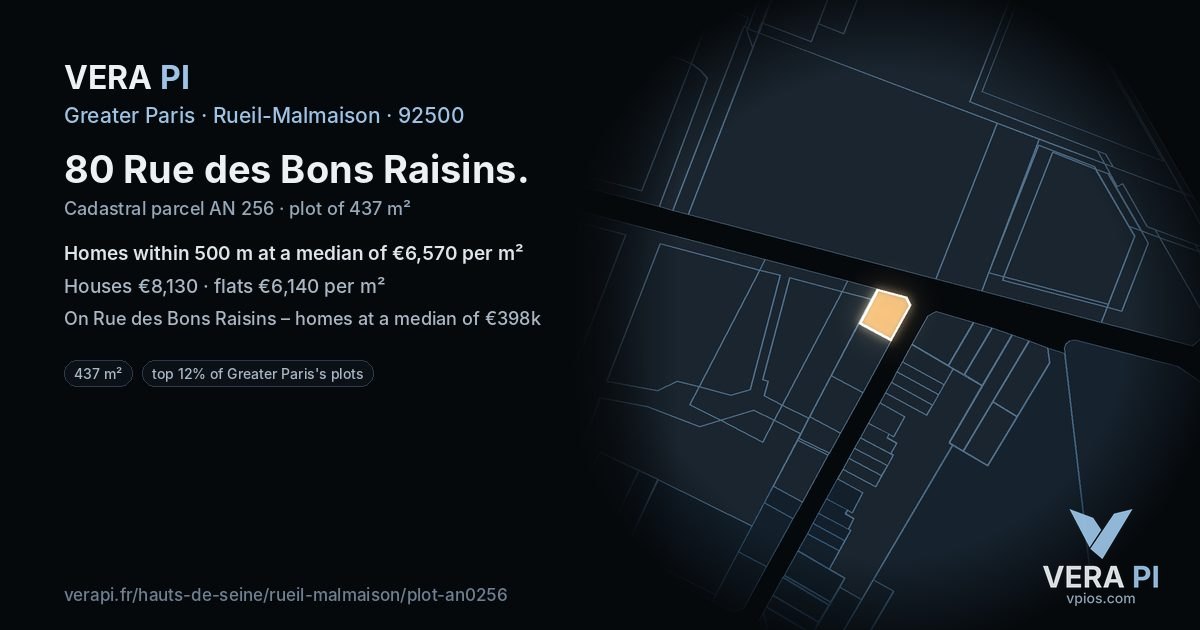 80 Rue des Bons Raisins, Rueil-Malmaison at night – the plot lit, the parcels around coloured by the prices near them