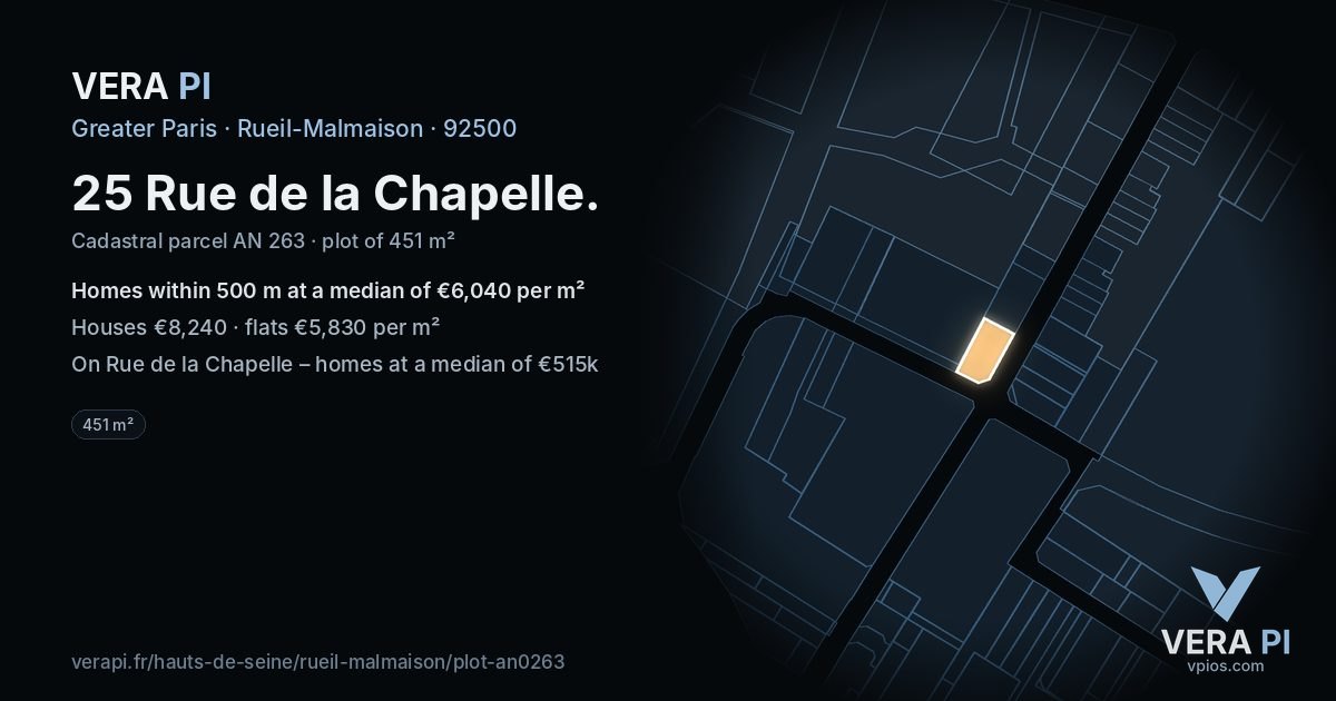 25 Rue de la Chapelle, Rueil-Malmaison at night – the plot lit, the parcels around coloured by the prices near them