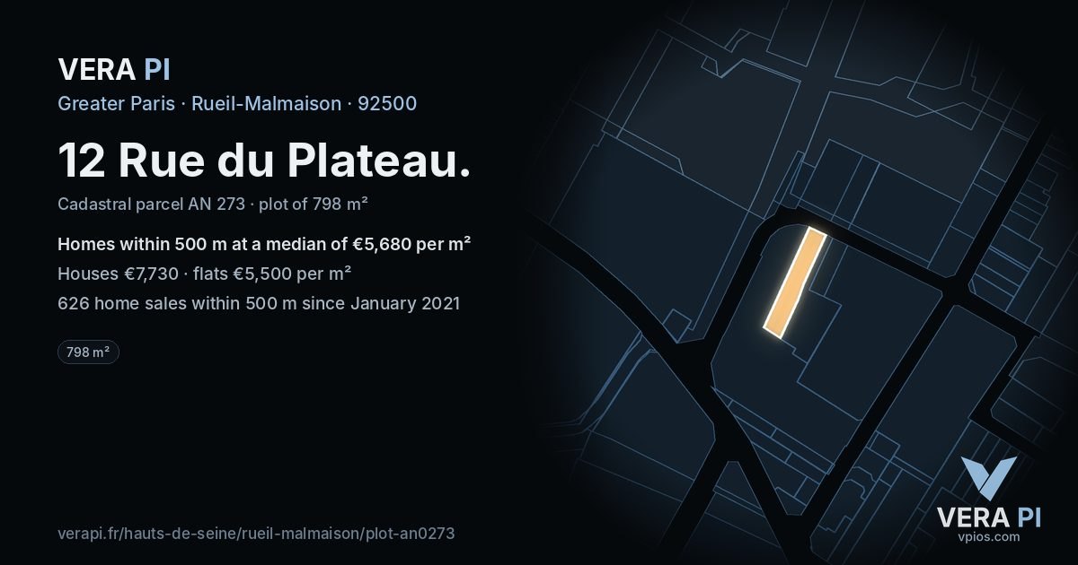 12 Rue du Plateau, Rueil-Malmaison at night – the plot lit, the parcels around coloured by the prices near them