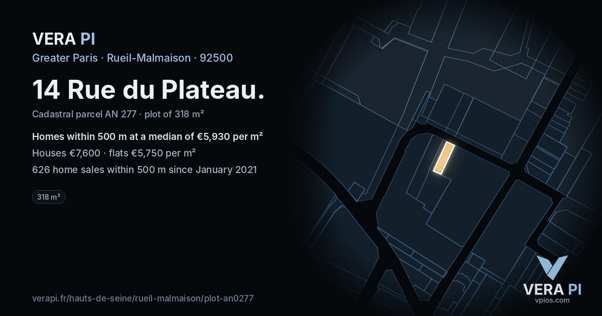 14 Rue du Plateau, Rueil-Malmaison at night – the plot lit, the parcels around coloured by the prices near them