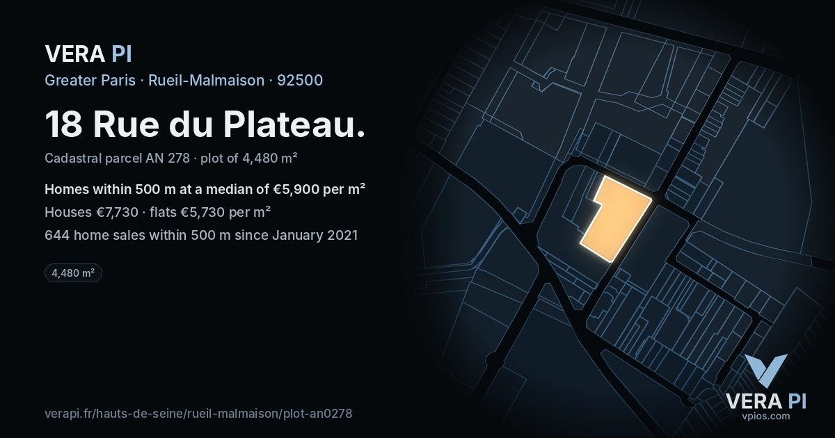 18 Rue du Plateau, Rueil-Malmaison at night – the plot lit, the parcels around coloured by the prices near them
