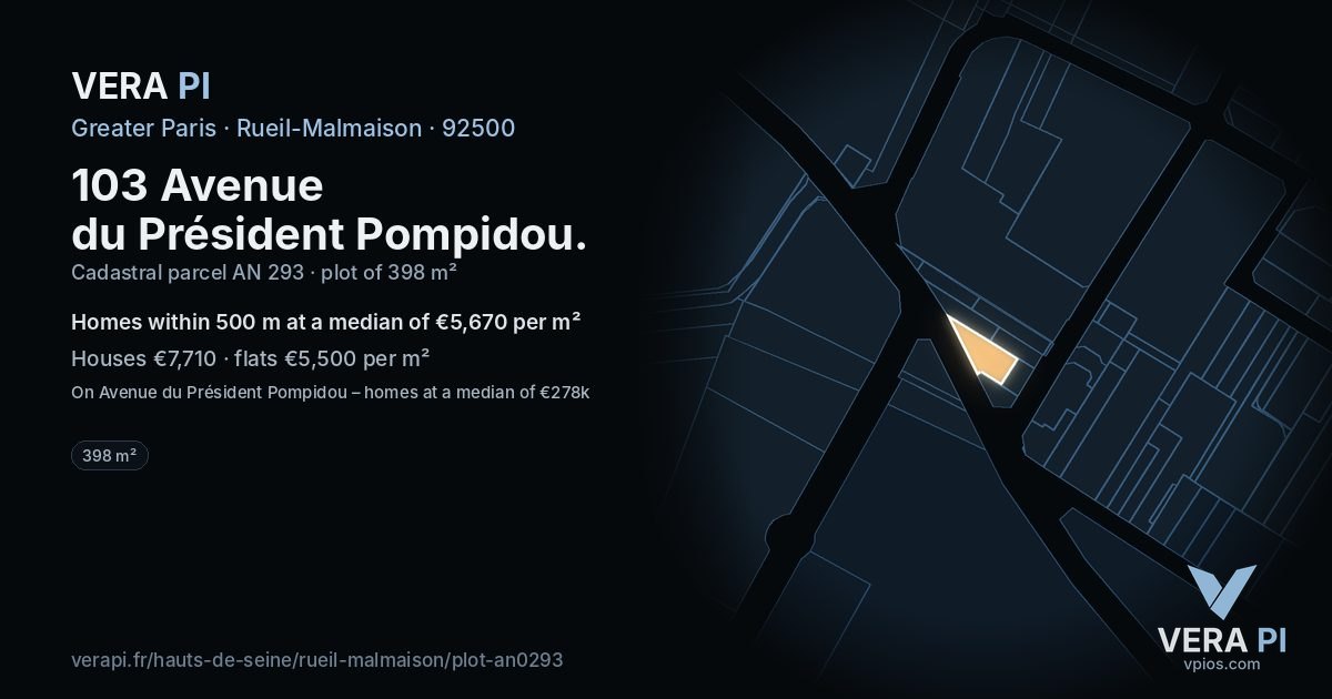103 Avenue du Président Pompidou, Rueil-Malmaison at night – the plot lit, the parcels around coloured by the prices near them