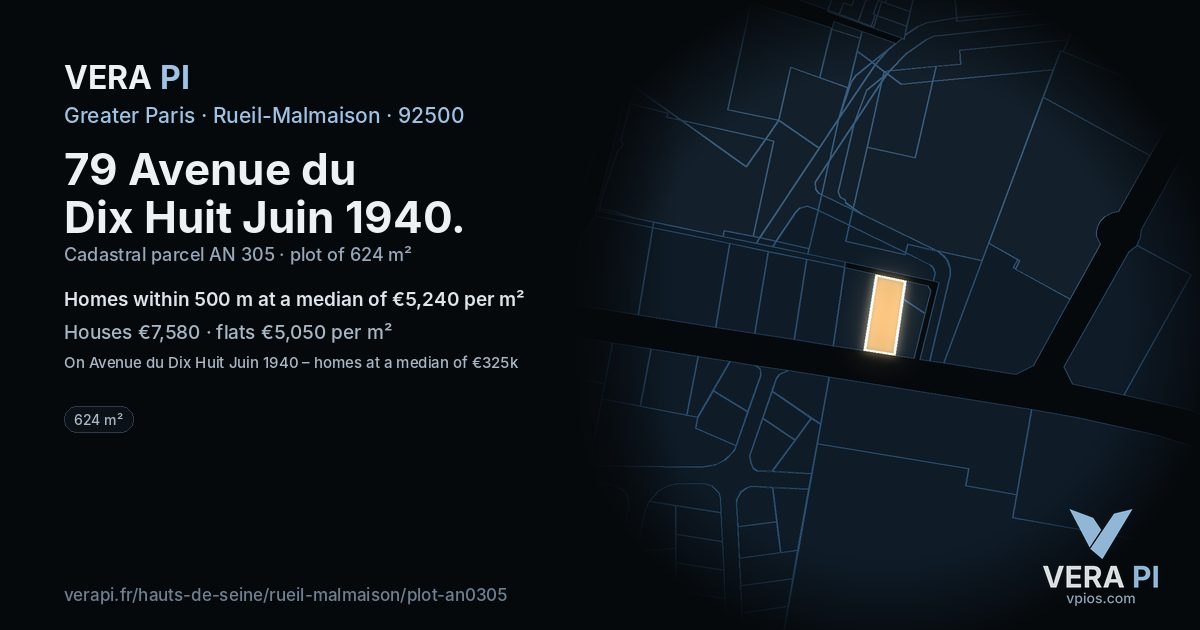 79 Avenue du Dix Huit Juin 1940, Rueil-Malmaison at night – the plot lit, the parcels around coloured by the prices near them