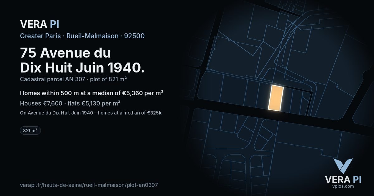 75 Avenue du Dix Huit Juin 1940, Rueil-Malmaison at night – the plot lit, the parcels around coloured by the prices near them