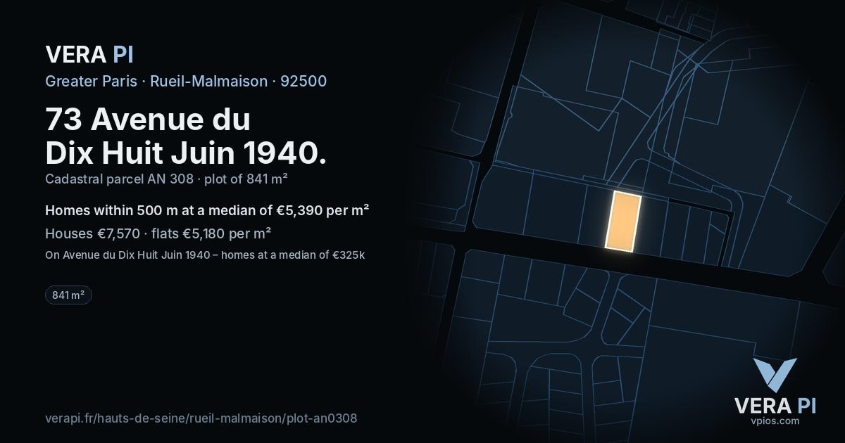 73 Avenue du Dix Huit Juin 1940, Rueil-Malmaison at night – the plot lit, the parcels around coloured by the prices near them
