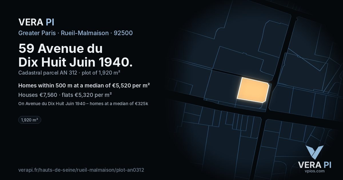 59 Avenue du Dix Huit Juin 1940, Rueil-Malmaison at night – the plot lit, the parcels around coloured by the prices near them