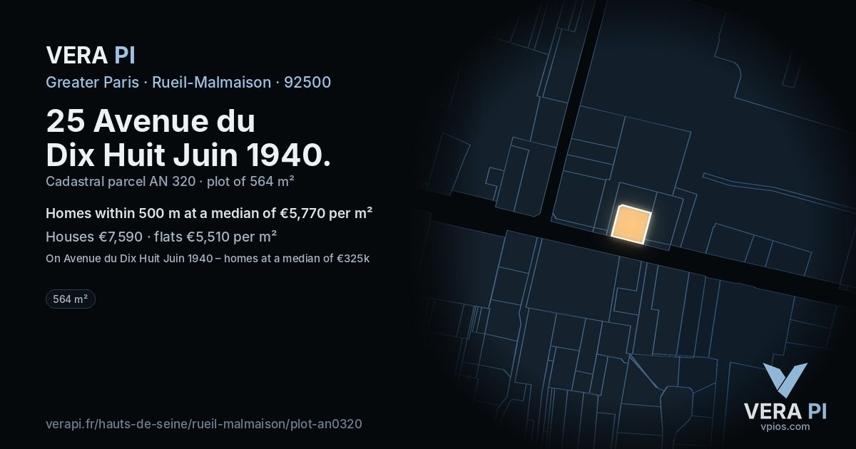 25 Avenue du Dix Huit Juin 1940, Rueil-Malmaison at night – the plot lit, the parcels around coloured by the prices near them