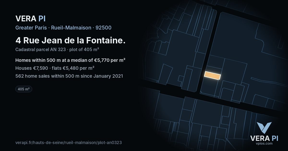 4 Rue Jean de la Fontaine, Rueil-Malmaison at night – the plot lit, the parcels around coloured by the prices near them