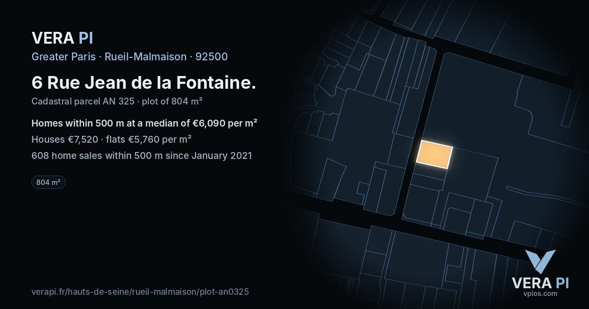 6 Rue Jean de la Fontaine, Rueil-Malmaison at night – the plot lit, the parcels around coloured by the prices near them