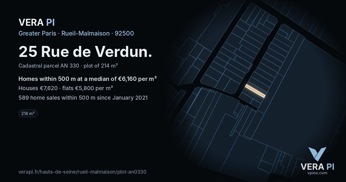 25 Rue de Verdun, Rueil-Malmaison at night – the plot lit, the parcels around coloured by the prices near them