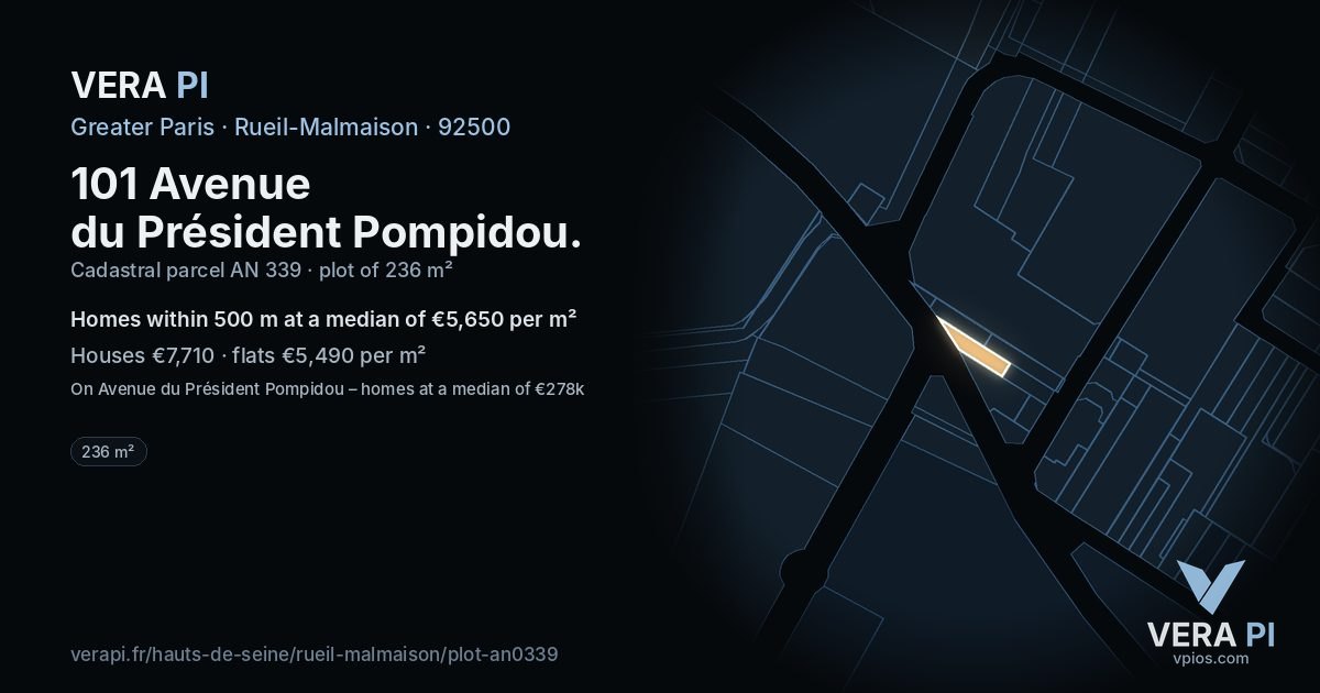 101 Avenue du Président Pompidou, Rueil-Malmaison at night – the plot lit, the parcels around coloured by the prices near them