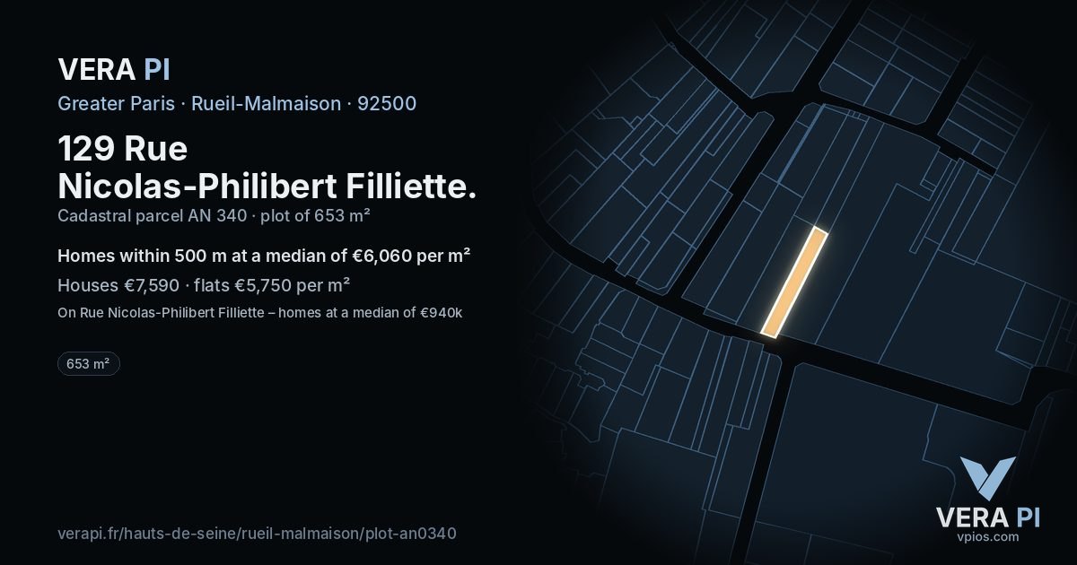 129 Rue Nicolas-Philibert Filliette, Rueil-Malmaison at night – the plot lit, the parcels around coloured by the prices near them