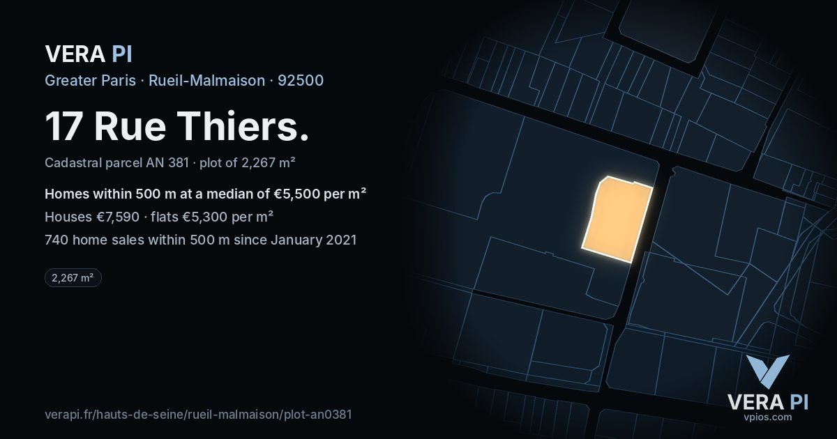 17 Rue Thiers, Rueil-Malmaison at night – the plot lit, the parcels around coloured by the prices near them