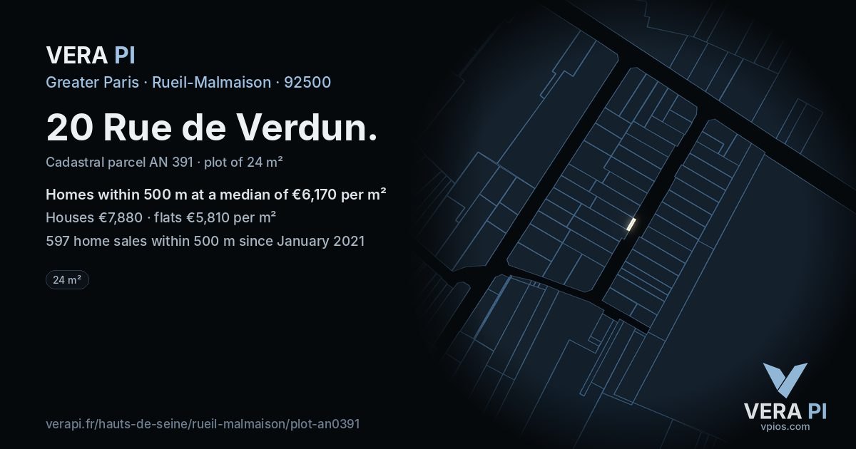20 Rue de Verdun, Rueil-Malmaison at night – the plot lit, the parcels around coloured by the prices near them